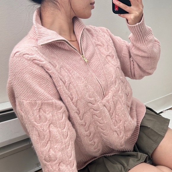 J. Crew Cable Knit Half Zip Sweater Supersoft Yarn Pink BD032 - Picture 2 of 6
